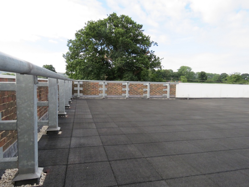 A close up of a flat rubber roof with a silver guardrail surrounding it. A large tree can be seen in the background.