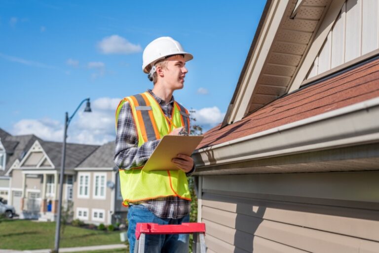 A man in a white hard hat and yellow reflective vest stands at the top of a ladder with a clipboard. He looks to his right at the brown roof for inspection.